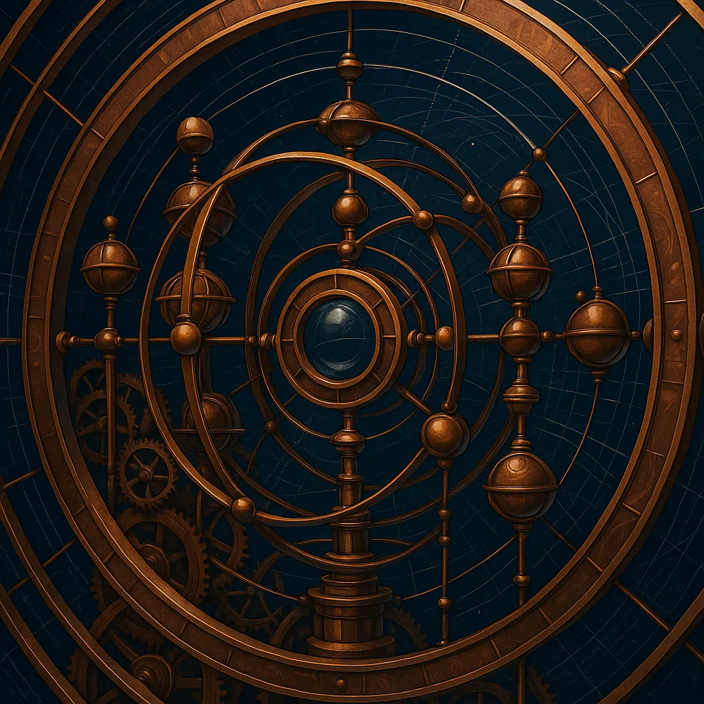 Orrery Avatar - brass mechanical orrery with nested orbital rings against midnight blue